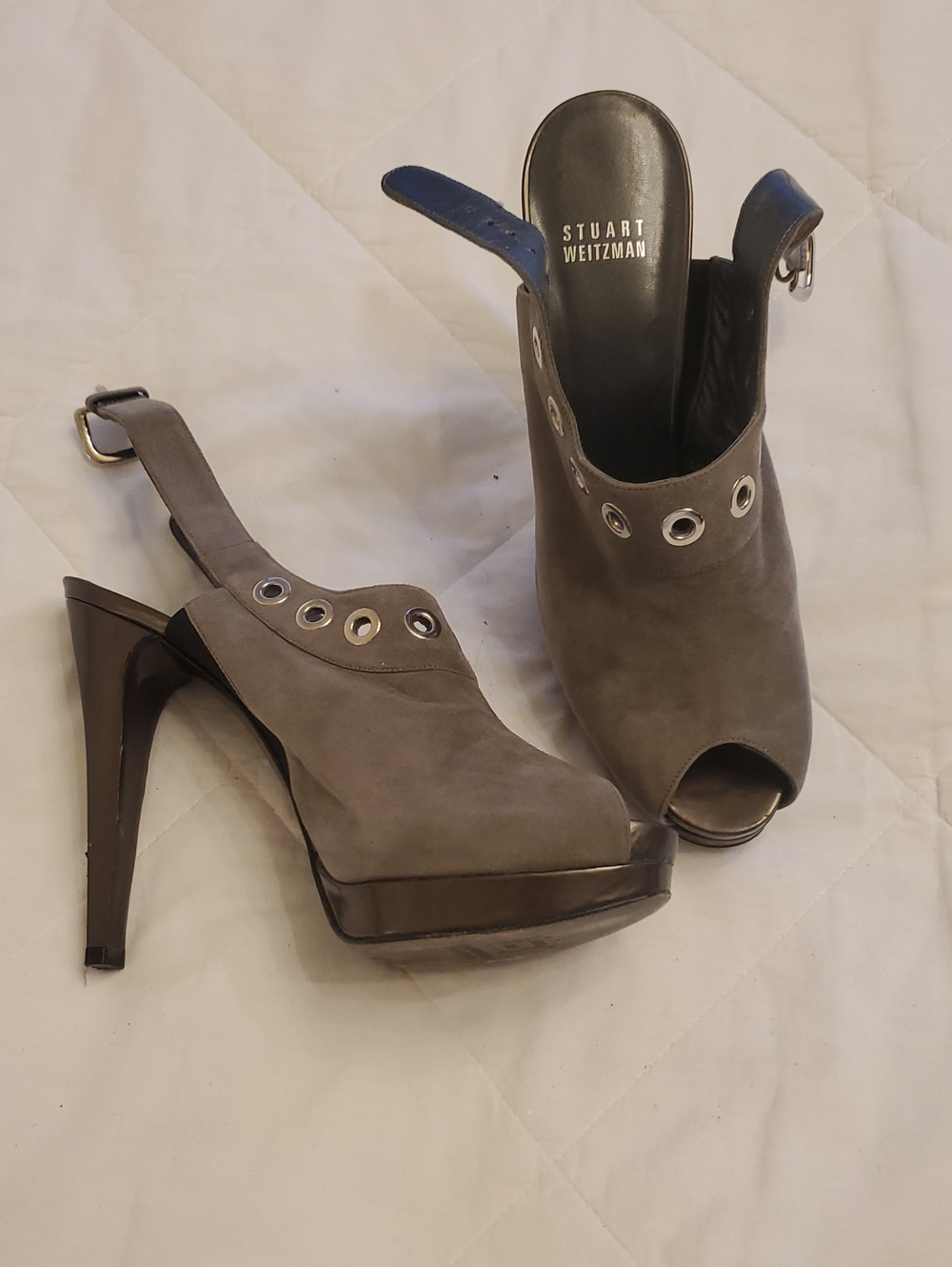 Stuart Weitzman Gray Taupe Suede Peep-Toe Slingback Heels with Silver Eyelets